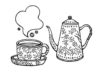 set of coffee, tea cup and pot design, vintage retro style