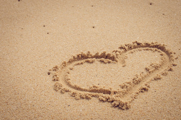 Copy space of  heart shape on sand beach. Travel concept.