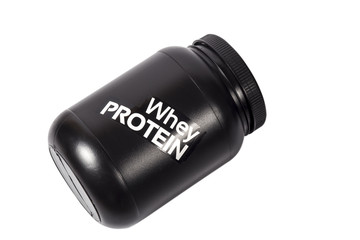 Black whey protein sport nutrition powder for protein shakes jar. Isolated on white background.