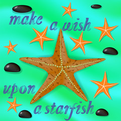 Orange Starfish and Stones on Azure Wave Water Background. Positive Summer Banner with Grunge Lettering