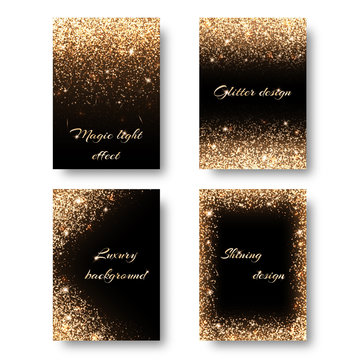 Set of backgrounds with golden lights to design greeting cards. Christmas decorations with glitter.
