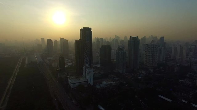 aerial view of bangkok skyline in foggy morning 