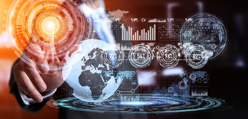 Businessman using hologram screen with digital data