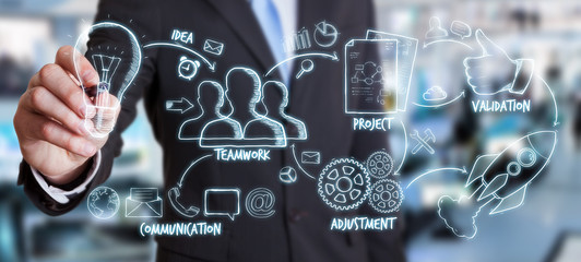 Businessman drawing manuscript project presentation