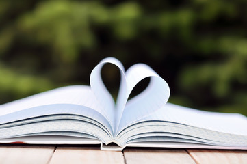 books on table in garden with top one opened and pages forming h