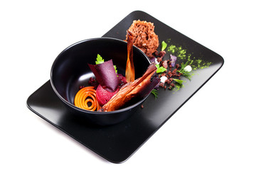 Molecular Cuisine. Delicious soup with beetroot.