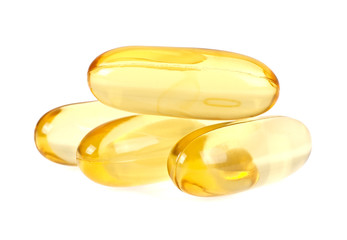 Omega 3 capsules from Fish Oil on a white background, close up