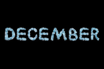 Inscription DECEMBER made of blue tinsel on a black background. Isolated
