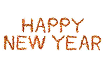 Inscription HAPPY NEW YEAR made of  red and yellow tinsel on a white background. Isolated