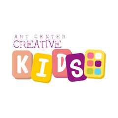 Kids Creative Class Template Promotional Logo With Aquarelle PAints, Symbols Of Art and Creativity