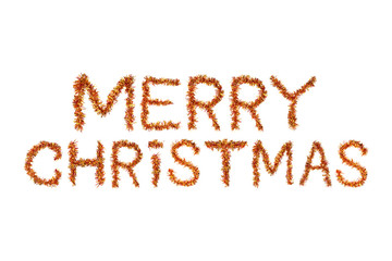 Inscription MERRY CHRISTMAS made of  red and yellow tinsel on a white background. Isolated