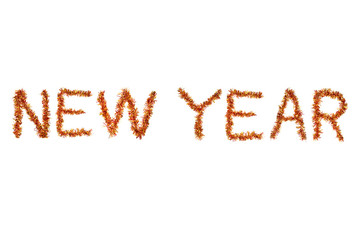Inscription NEW YEAR made of  red and yellow tinsel on a white background. Isolated