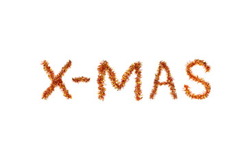 Inscription X-MAS made of  red and yellow tinsel on a white background. Isolated