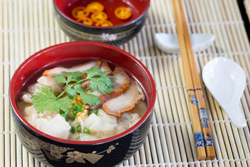 Shrimp Wonton with roasted red pork in soup