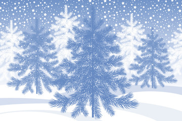 Landscape of winter forest with Christmas trees.