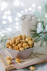 winter still life with popcorn, Christmas toys and garland