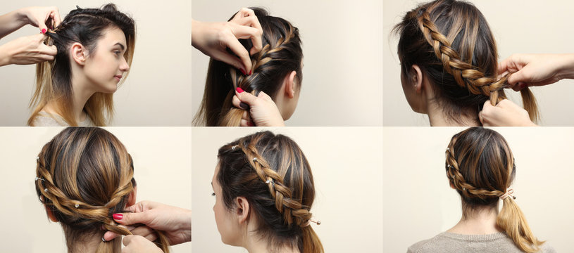 Process of weaving braid.  Boho style. Hairstyle for short hair.