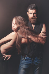 bearded biker man and naked girl