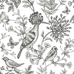 Seamless black and white pattern with birds and flowers.
