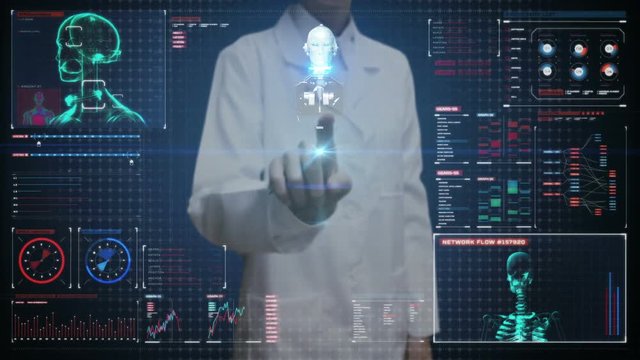 Female Doctor touching digital screen, Scanning human skeletal structure and Circulation system inside Robot. bio technology.in digital medical display. user interface.