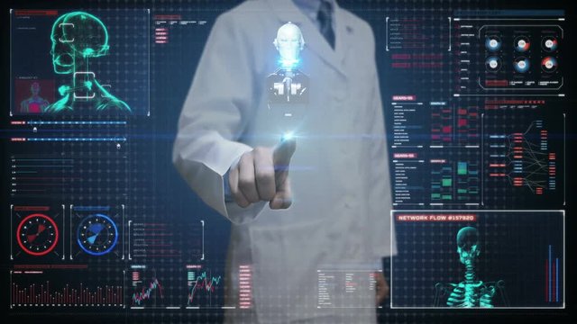 Doctor touching digital screen, Scanning human skeletal structure and Circulation system inside Robot. bio technology.in digital medical display. user interface.