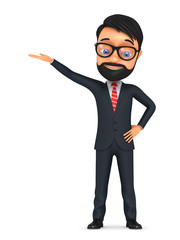 Happy 3d cartoon man in a tie isolated on white background. Hand
