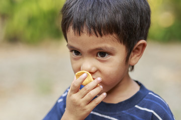 Asian little boy eating crisp rice