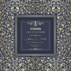 Wedding invitation cards in an vintage-style blue and beige. Beautiful Victorian ornament. Frame with floral elements. Vector illustration.