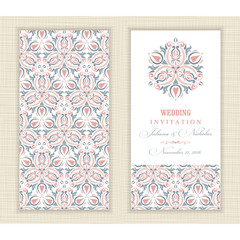 Wedding Invitation cards in an vintage-style green and pink.