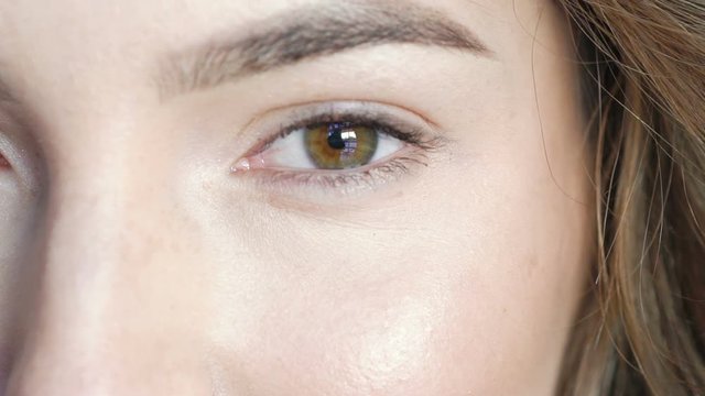 Close up female eye blinking. Slowly