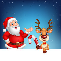Cartoon Santa Claus and reindeer with blank sign