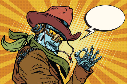 Steampunk robot cowboy okay gesture