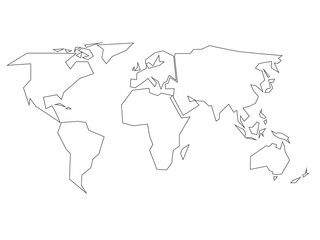 Simplified black outline of world map divided to six continents. Simple flat vector illustration on white background.