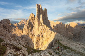 Sunset over the Vajolet towers in Dolomites