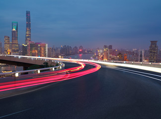 Empty road floor with bird-eye view at Shanghai bund Skyline