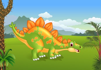Cartoon cute stegosaurus posing with the prehistoric background