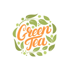 Green Tea hand written lettering logo, label, badge, emblem with leaves and flowers.