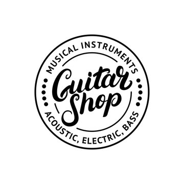 Guitar shop hand written lettering logo, emblem, label, badge.