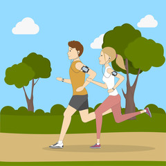 Fototapeta na wymiar Man and woman jogging in the countryside. People in fitness outfit. Healthy lifestyle.