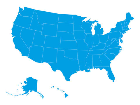 Blank map of United States of America divided into states. Simplified flat blue silhouette vector map on white background.