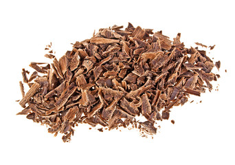 Crushed chocolate shavings pile isolated on white background