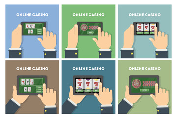 Online casino set. Casino in tablet. Card games. Hands holding devices.