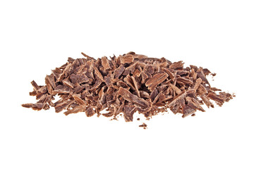 Crushed chocolate shavings pile isolated on white background