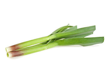 Young green garlic leaves isolated on white background
