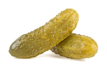 Pickled cucumbers on white background