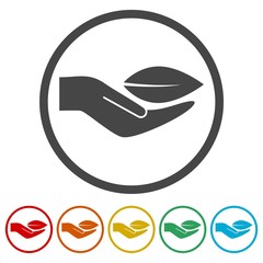 Leaf in hand icons set