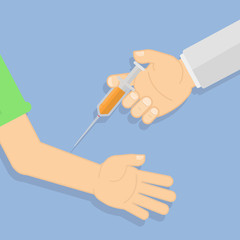 Doctor making vaccination. Hand with syringe. Concept of healthcare, medical treatment.