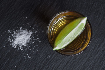 Tequila shot with salt and lime