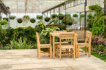 wooden furniture table and chair in relaxing garden