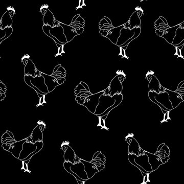 Vector decorative seamless pattern with graphic handwritten roosters - symbol of year 2017